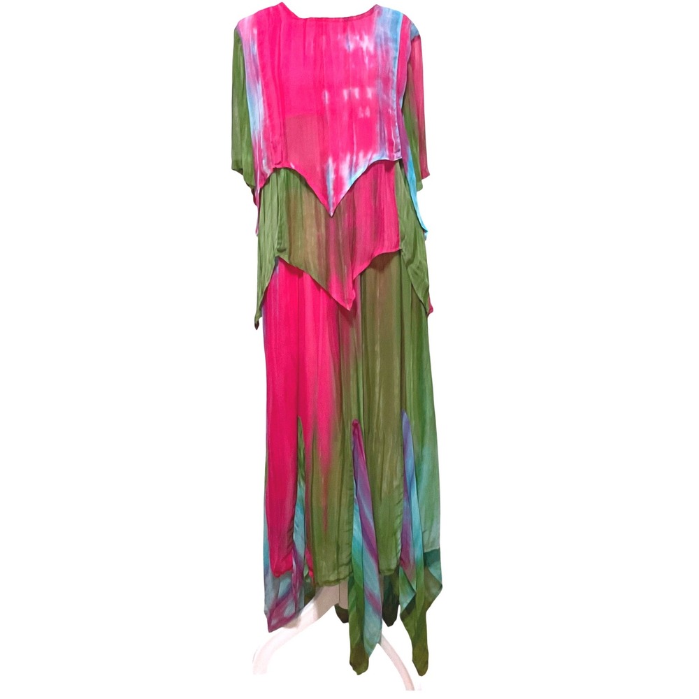 Vtg SILVER‎ STREAM BOHO fairy skirt top set rayon tier flowy bright asymmetric M